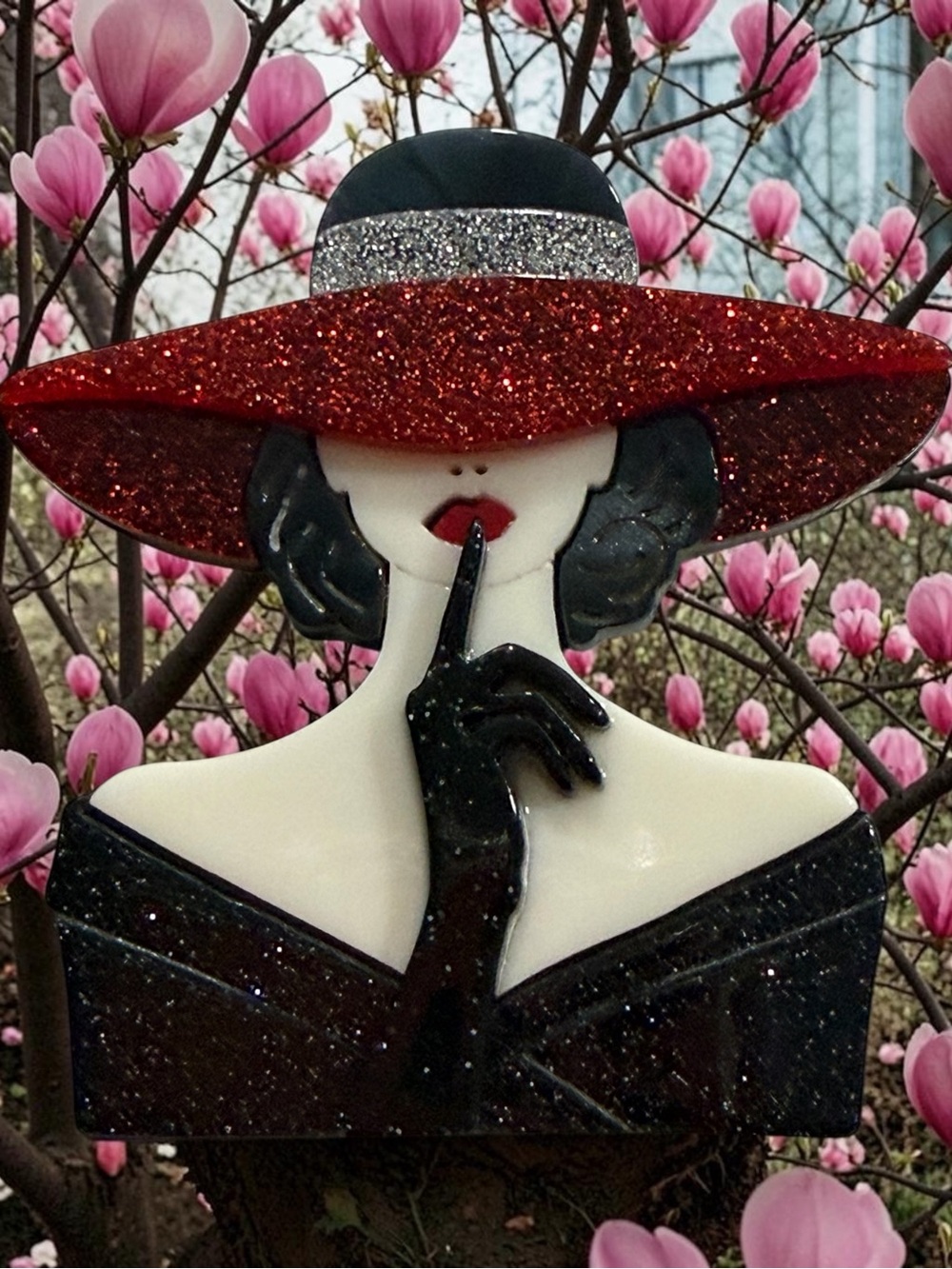 Vintage-Inspired Lady Silhouette Brooch with Red Glitter Hat